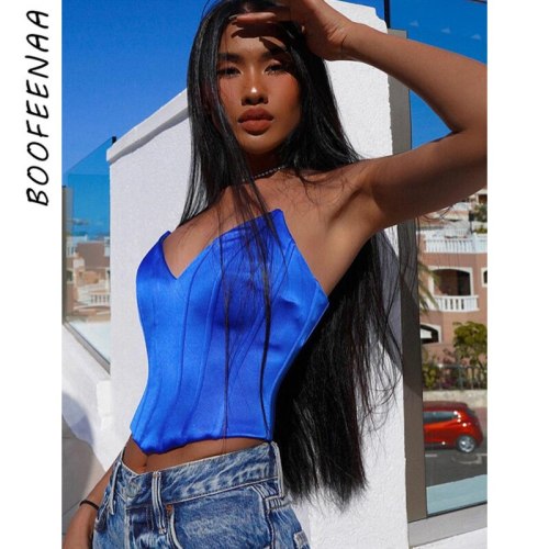 BOOFEENAA Sexy Vintage Satin Corset Crop Tops for Women 2020 Summer Clear Strap Backless Cropped Tank Tops Clubwear C70-AA23