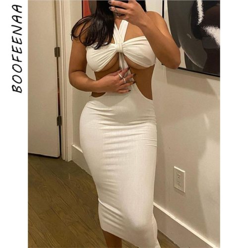 BOOFEENAA Sexy White Bodycon Dresses for Women 2021 Party Club Outfits Chic Cut Out Halter Backless Midi Dress C83-BZ17