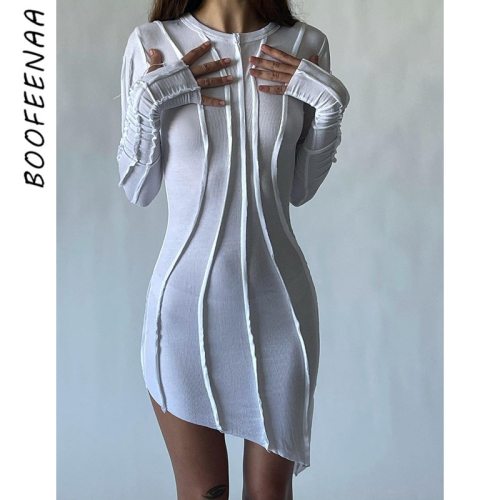 BOOFEENAA Asymmetric Long Sleeve Bodycon Dress Fall 2021 Street Fashion Solid Ribbed Knitted Mini Dresses White Black C83-CC29