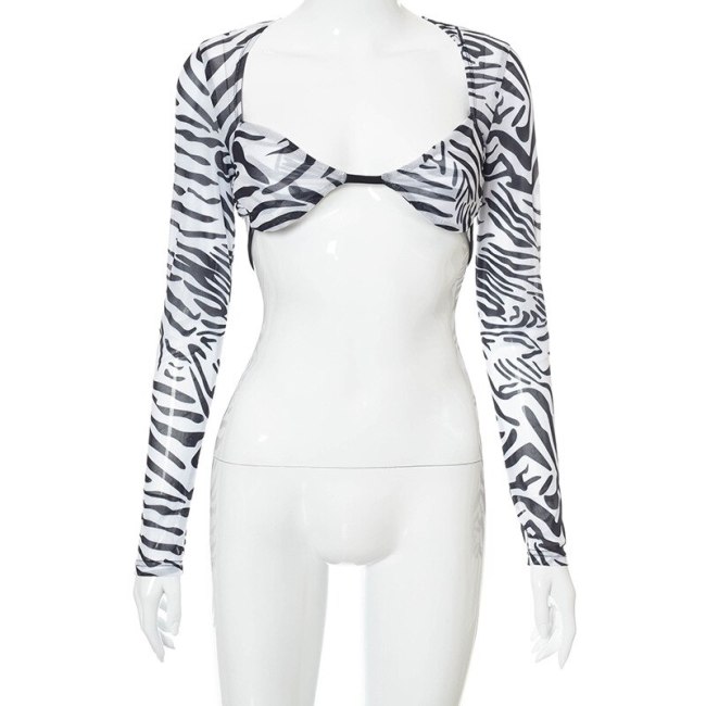 BOOFEENAA Sexy Top Women Clubwear Fall 2021 Fashion Zebra Stripe Sheer Mesh Long Sleeve T Shirt Crop Tops Bralette C85-BZ10