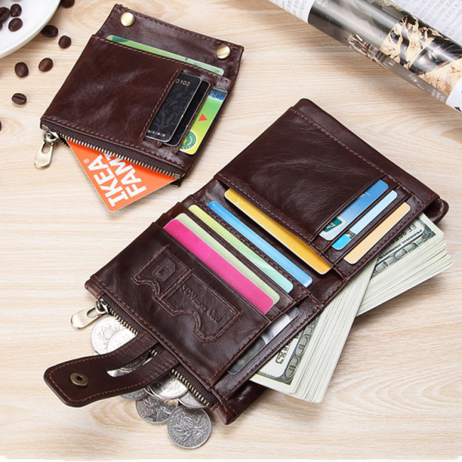 RFID Protection Men Wallet Coin Purse Small Mini Card Holder Chain Male Walet Pocket 100% Genuine Leather Wallet Clasp Zip Purse