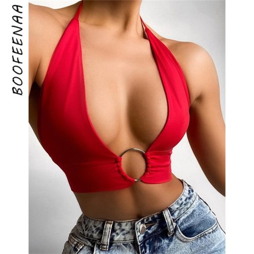 BOOFEENAA O Ring Halter Neck Top Sexy Summer Clothes for Women 2021 Deep V Neck Backless Bralette Crop Tank Tops C83-AF10