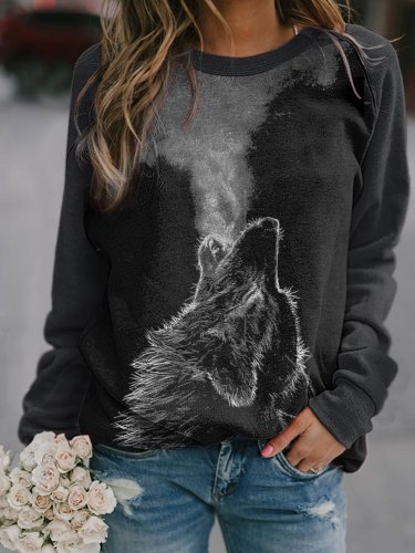 Women's Recreational Animal Wolf Fun Print Sweatshirt