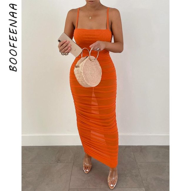 BOOFEENAA Sexy Sheer Mesh Bodycon Bandage Dress Elegant Evening Ruched Maxi Dresses for Women Party Night Club Outfits C16-BH22