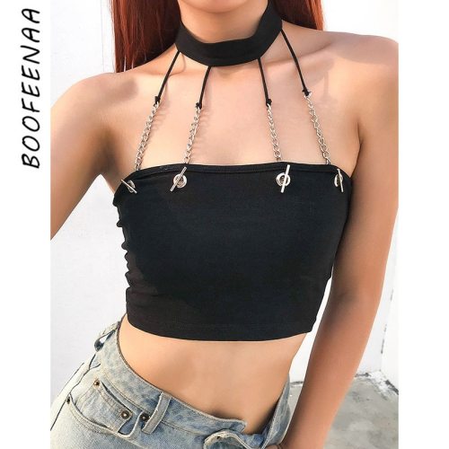 BOOFEENAA Fashion Sexy Halter Chain Crop Top Black Cami Gothic Clothing Women Summer Tank Tops Festival Streetwear C67-I80