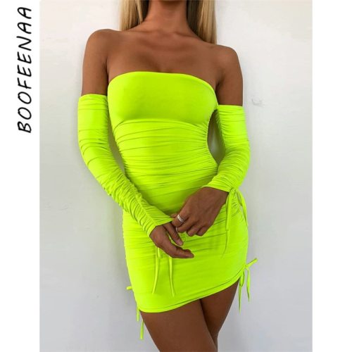 BOOFEENAA Neon Green Ruched Off Shoulder Long Sleeve Bodycon Dress Sexy Dresses Party Night Club Dresses Fall 2019 C66-AC32