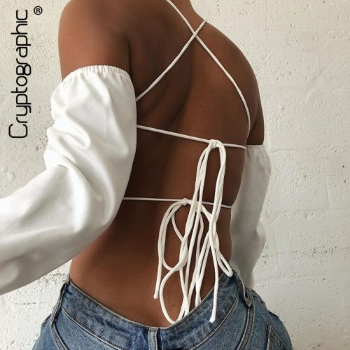 Cryptographic White Halter Sexy Backless Women Top Blouse Shirts Autumn Lantern Sleeve Bandage Lacing Crop Tops Fashion Blusas