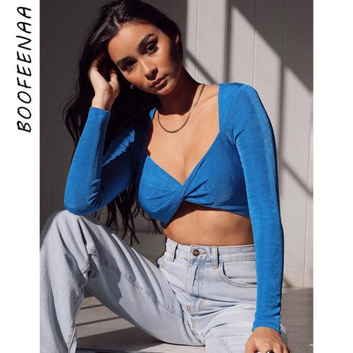 BOOFEENAA Sexy Twist Front Low Cut Long Sleeve Crop Top Knitted Solid Color T Shirts Blouses Women Clothing Fall 2021 C76-BD18