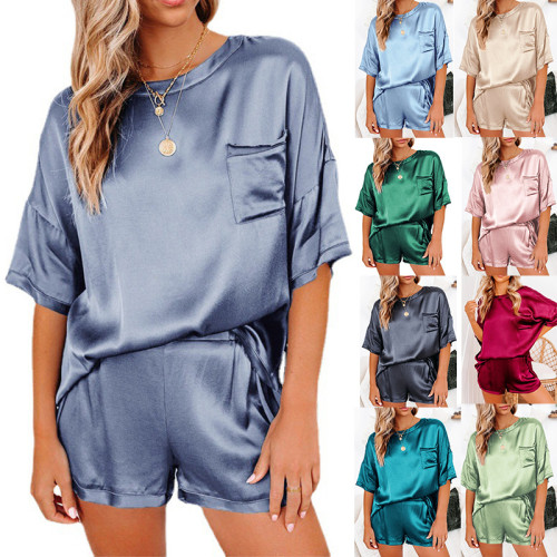 Pure color satin pajamas home service short-sleeved shorts