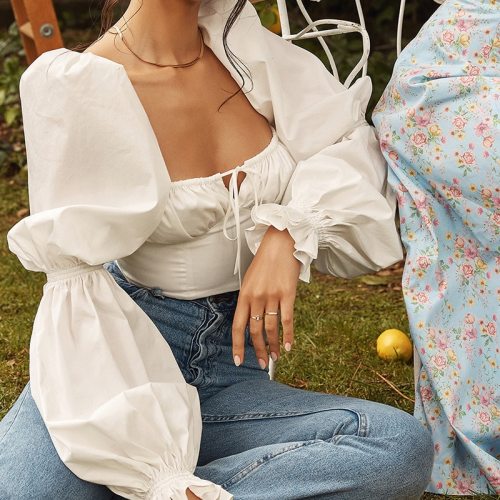 Cryptographic Elegant Square Collar Puff Sleeve Vintage Top and Blouses Women Summer Shirts Cropped Short Tie Front Tops Clothes