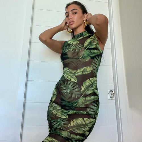 BOOFEENAA Palm Leaf Print Mesh Bodycon Dress Party Night Club Sexy See Thru Maxi Dresses for Women Vacation Beachwear C66-BZ13