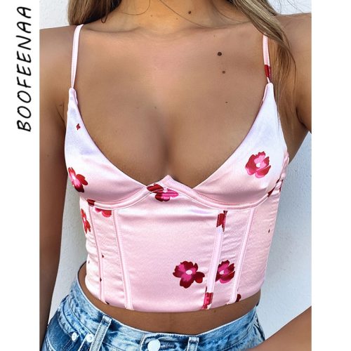 BOOFEENAA Floral Print Satin Corset Top Cottagecore Bustier Y2k Sexy Summer Clothes Deep V Neck Backless Crop Tank Tops C98-BA10