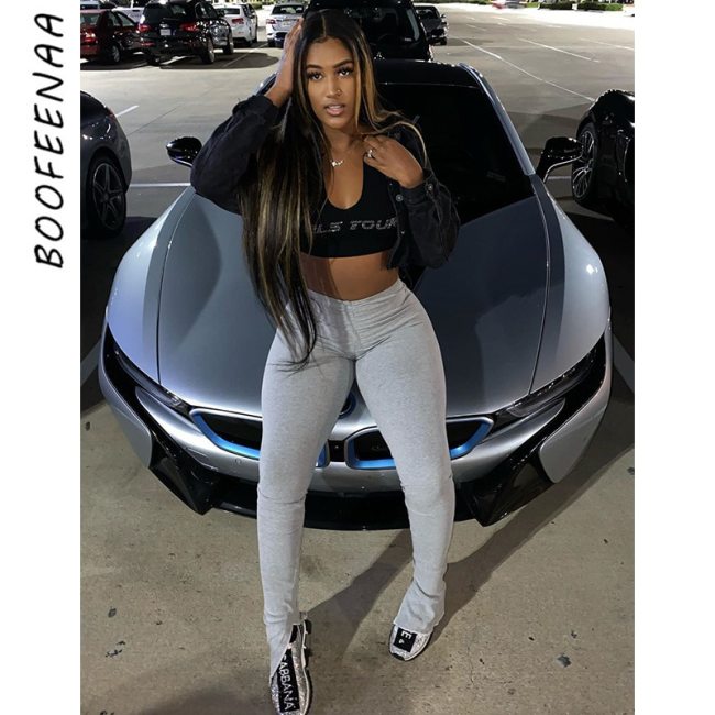 BOOFEENAA High Wasted Slit Stacked Leggings Grey Sweatpants Women Sexy Skinny Pencil Pants Summer Casual Trousers C85-BZ21