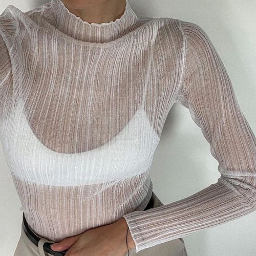 Cryptographic 2021 Fall Elegant See Through Long Sleeve Mock Neck Women Tops Fashion Streetwear Sexy T-Shirts Tees Slim Clothes