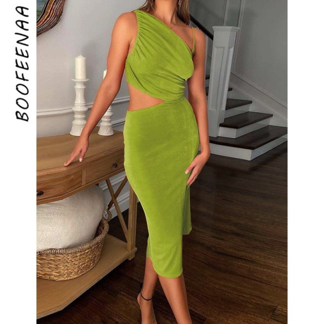 BOOFEENAA Sexy Solid Hollow Out One Shoulder Bodyocn Dress Club Outfits for Women Elegant Wedding Guest Party Birthday C83-CZ26