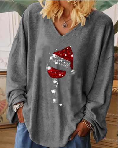 Ladies Christmas wine glass print shirt