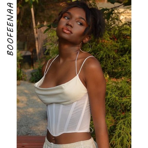 BOOFEENAA Sexy White Corset Crop Tops for Women Party Club Wear Vintage Halter Backless Bustier Cami Tank Top 2021 C85-BZ10