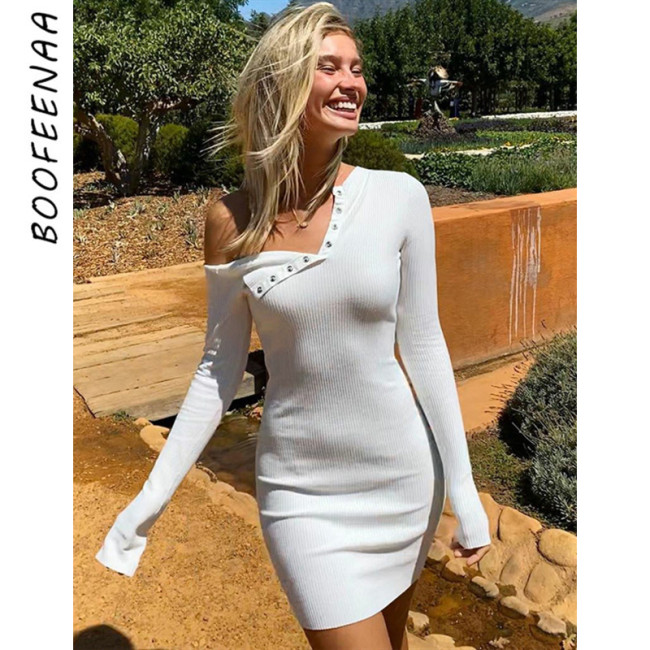 BOOFEENAA Off The Shoulder Long Sleeve Mini Dresses for Women Fall 2020 White Ribbed Button Up Bodycon Sexy Dress C70-BH27