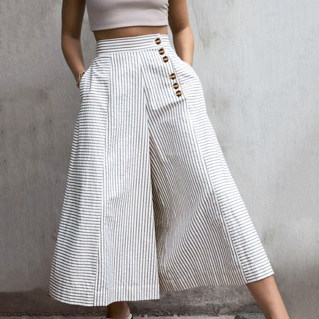 Women Retro Work Trousers Casual Buttons Loose Elegant Party Wide Leg Pants