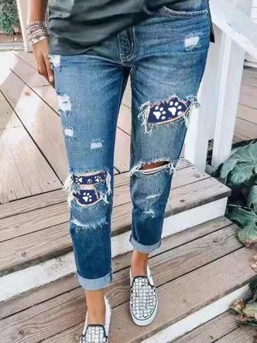 Dog's Paw Stitching Printed Casual Jeans