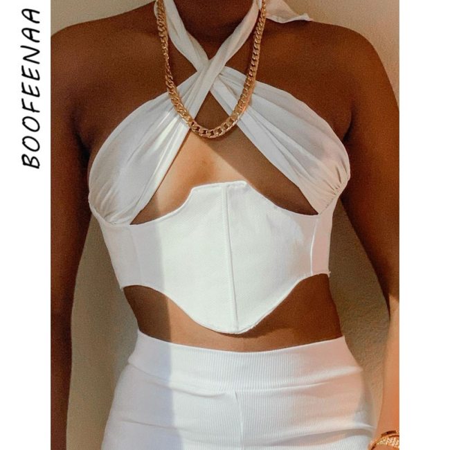 BOOFEENAA Sexy Tops for Women Fashion Corsette Top Y2k Bra Black White Tie Back Halter Backless Crop Tank Top Clubwear C95-BE10