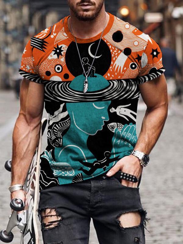 Men's Painted Street Meditation Gorgiveness Planet Print Short Sleeve Round Neck T-shirt