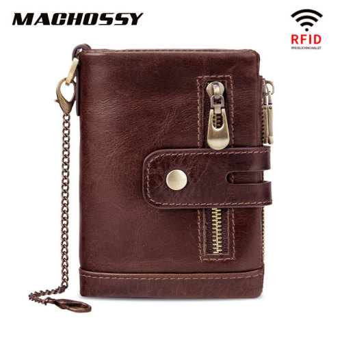 RFID Protection Men Wallet Coin Purse Small Mini Card Holder Chain Male Walet Pocket 100% Genuine Leather Wallet Clasp Zip Purse