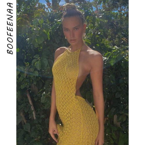 BOOFEENAA Sexy Knitted Halter Open Back Slit Maxi Dress Summer Beach Dress Vacation Outfits Elegant Party Dresses C88-DF23
