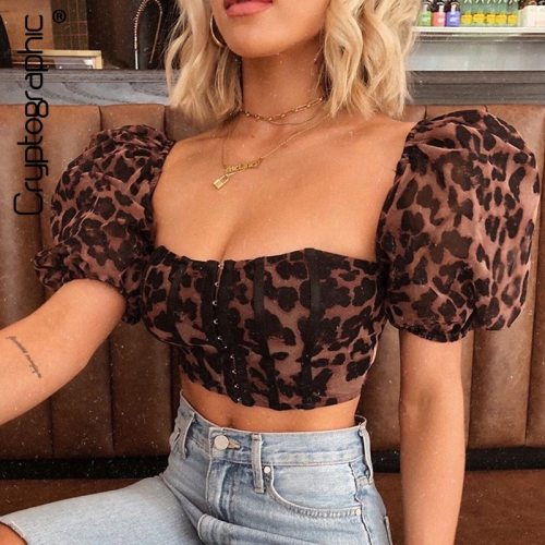 Cryptographic Bubble Sleeve Square Collar Leopard Top and Blouse Shirts Fashion Sexy Women's Blouses Shirt Elegant Tops Blusas