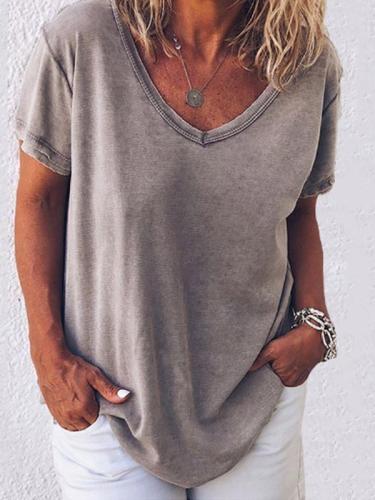 Women's solid color loose and comfortable V-neck T-shirt