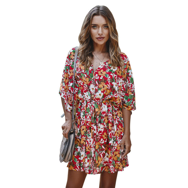 V-neck Floral Print Single-breasted Half-sleeve Lace-up Mini Dress