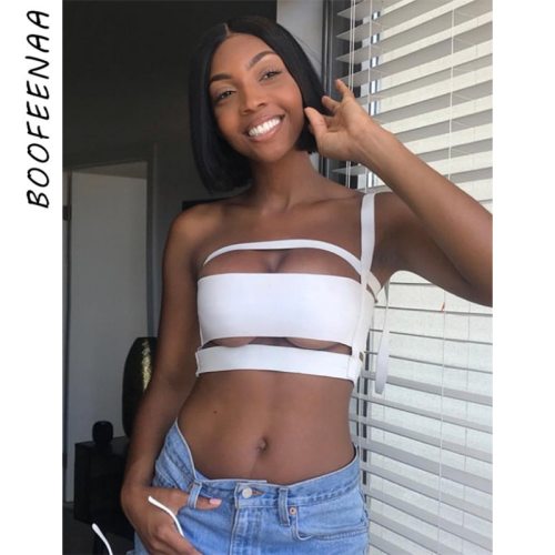 BOOFEENAA Sexy Cut Out One Shoulder Bandage Tops for Women Clubbing Streetwear Crop Tank Top Woman's Summer Clothes C66-AI11
