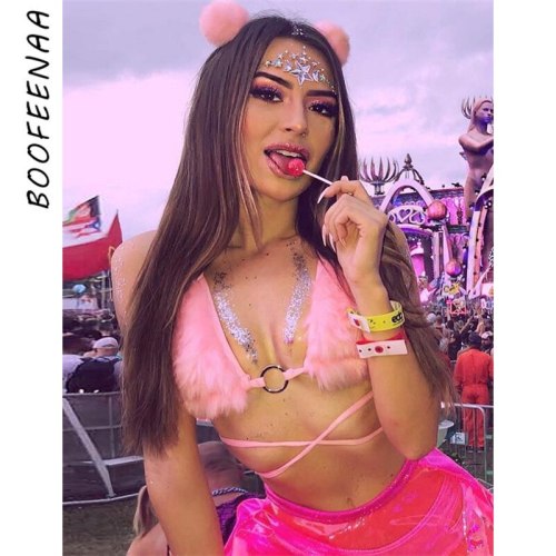 BOOFEENAA Fuzzy Pink Faux Fur Sexy Bralette Crop Top Rave Festival Halter Backless Bandage Summer Tops for Women 2020 C94-H01