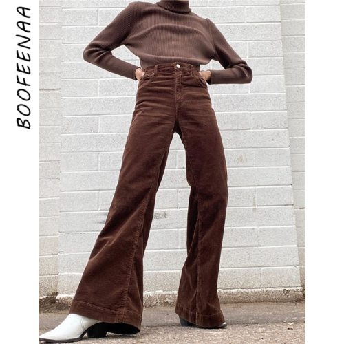 BOOFEENAA Fashion Brown Corduroy Flare Pants Women High Waist Bell Bottoms Casual Girls Y2k Solid Trousers Spring 2021 C84-DG51