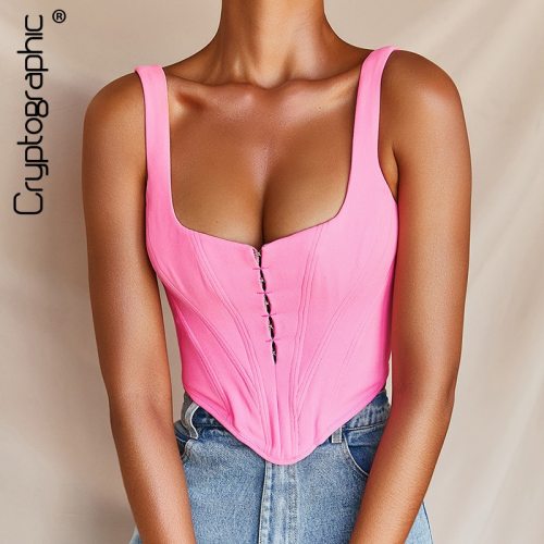 Cryptographic Tank Top Women Summer 2021 Fashion Hidden Breasted Solid Vest Square Collar Backless Strap Top Sleeveless Crop Top
