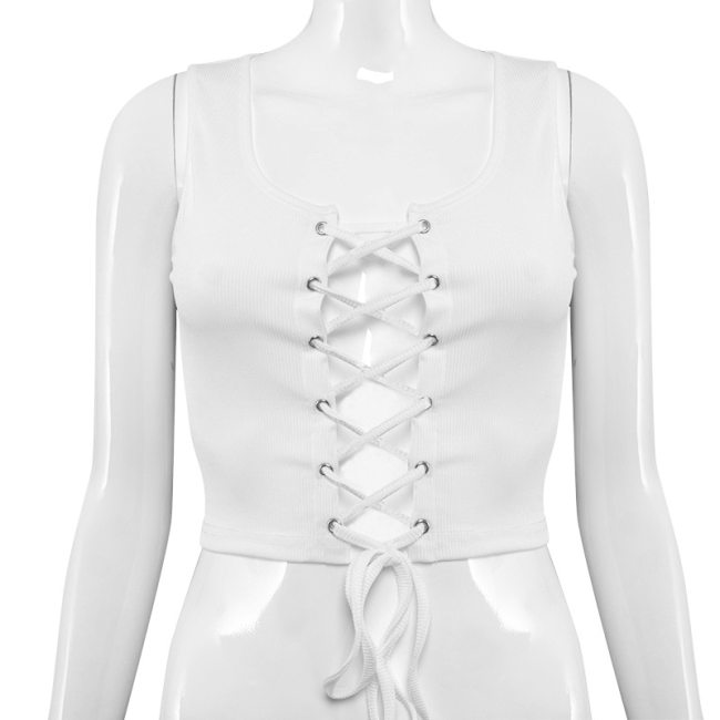 BOOFEENAA Sexy White Crop Top Tshirt Women 2020 Fashion Sleeveless Hollow Out Lace Up Ribbed Tanks Tops Dropshipping C85-AG10