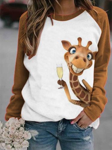 Ladies Fun Giraffe Print Contrasting Sweatshirt