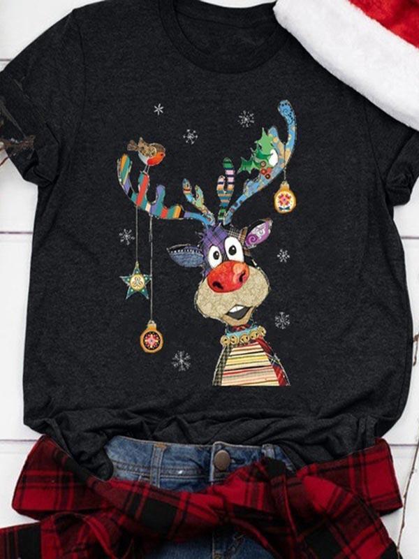 Ladies Christmas Elk Printed Short Sleeve Round Collar T-shirts