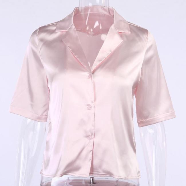Wholesale S-L Women Fashion Satin Solid Color Short Sleeve Lapel Blouse