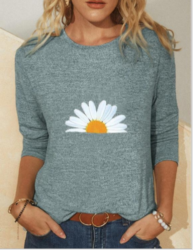 Ladies small daisy print casual round neck long sleeve T-shirt