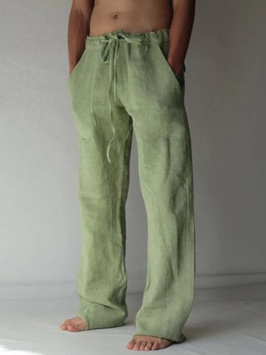 Loose Fit Leisure Trousers Drawstring Elastic Waist Solid Color Linen Straight Pants Long Pants