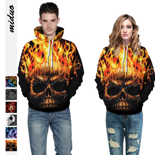 Skull smoke digital printing couple hooded sweatshirt