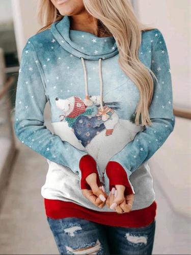 Women's casual fashion printed Christmas drawstring long sleeve sweater