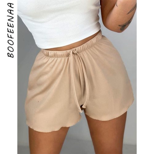 BOOFEENAA Drawstring High Waisted Shorts Women Summer Clothes Fitness Knit Sweat Shorts Work Out Casual Pants Bottoms C68-AG13