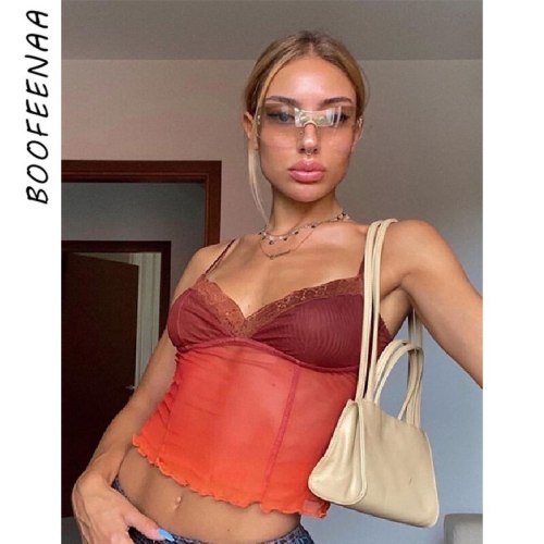 BOOFEENAA Orange Sheer Mesh Camisole Sexy Crop Tops for Women Clothes Lace Trim V Neck Tank Top Clubwear Rave Outfit C71-AH10