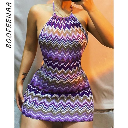 BOOFEENAA Y2k Bodycon Dress Vintage Purple Striped Knitted Open Back Halter Bodycon Mini Dresses Sexy Club Outfits C66-BD10