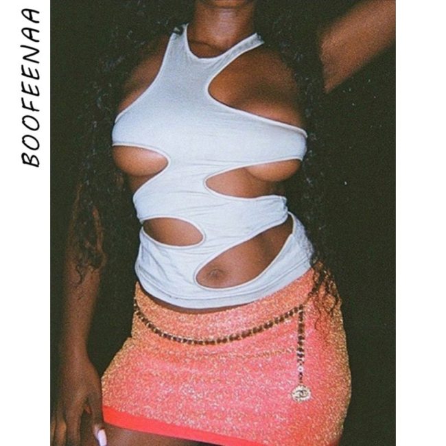 BOOFEENAA Sexy Asymmetric Cut Out Tank Top Sexy Summer Indie Y2k Sleevless Crop Tops Streetwear Black White Vest 2021 C87-BC10