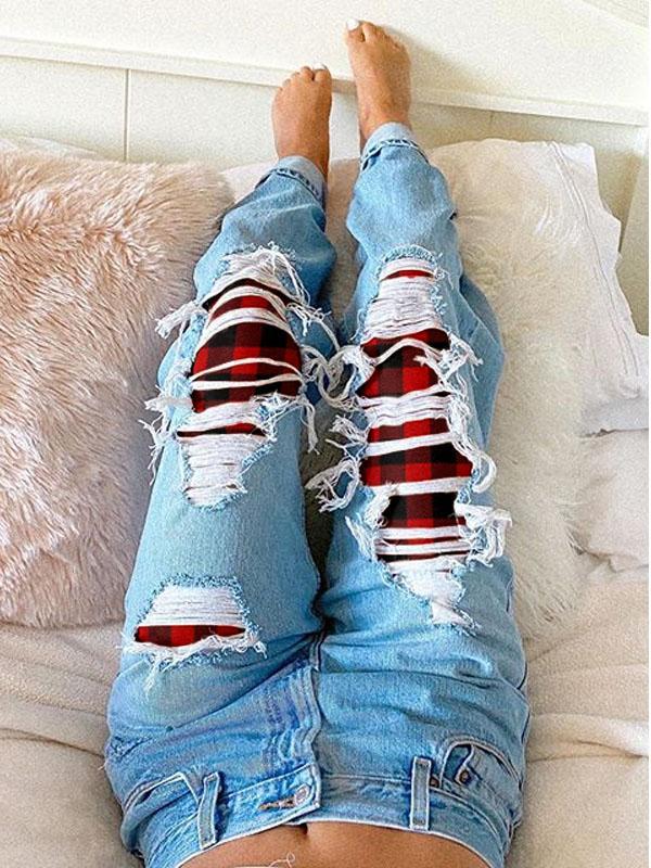 Women's Red Plaid Ripped Jeans