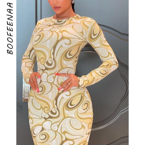 BOOFEENAA Sexy Printed Long Sleeve Bodycon Dresses for Women 2021 Fall Fashion Kylie Inspired Casual Midi Dress C85-BD23
