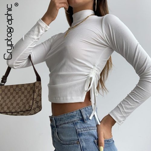 Cryptographic Turtleneck Long Sleeve Drawstring Ruched Women's T-Shirts Fall 2020 Solid Sexy Crop Tops Streetwear Split Tees